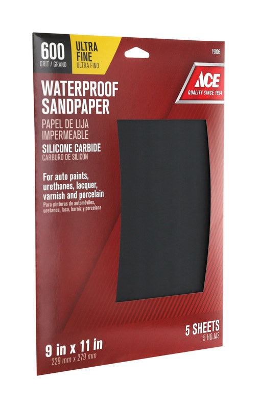Ace 11 in. L X 9 in. W 600 Grit Silicon Carbide Waterproof Sandpaper 5 pk