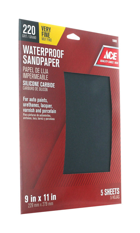 Ace 11 in. L X 9 in. W 220 Grit Silicon Carbide Waterproof Sandpaper 5 pk