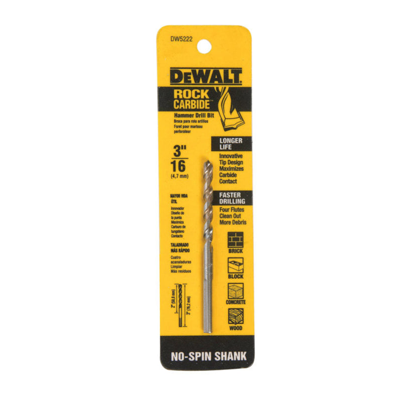 DeWalt 3/16 in. X 3 in. L Carbide Tipped Percussion Drill Bit 3-Flat Shank 1 pc