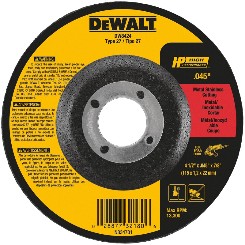 DeWalt High Performance 4-1/2 in. D X 7/8 in. Aluminum Oxide Cut-Off Wheel 1 pk