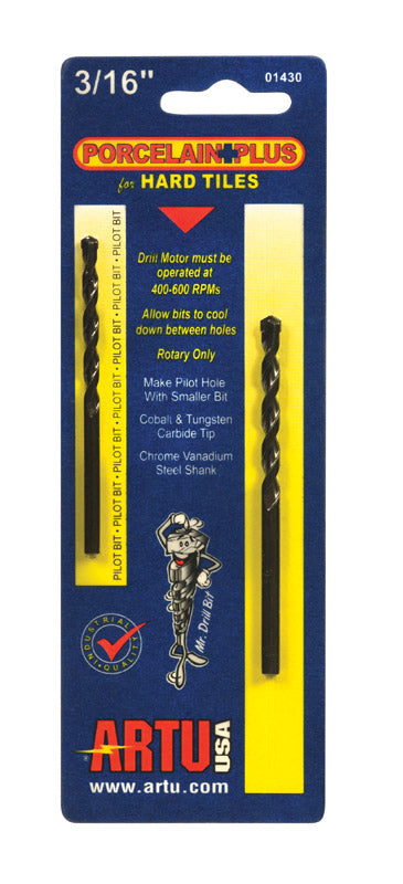 ARTU Porcelain Plus 3/16 in. X 3-1/2 in. L Tungsten Carbide Tipped Glass and Tile Bit Set Straight S