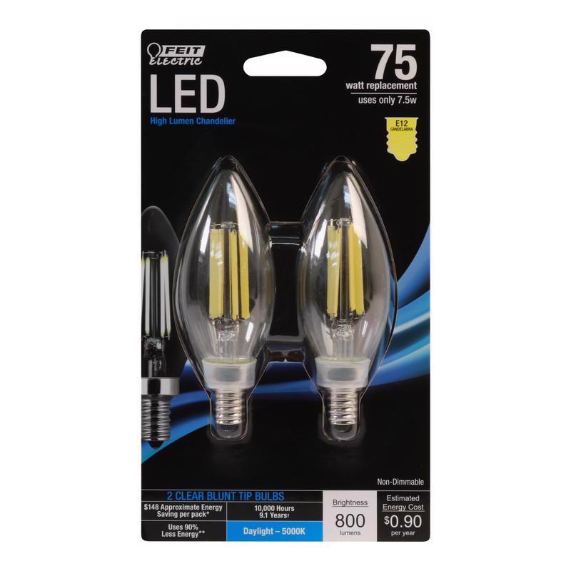 Feit Blunt Tip E12 (Candelabra) LED Bulb Daylight 75 Watt Equivalence 2 pk