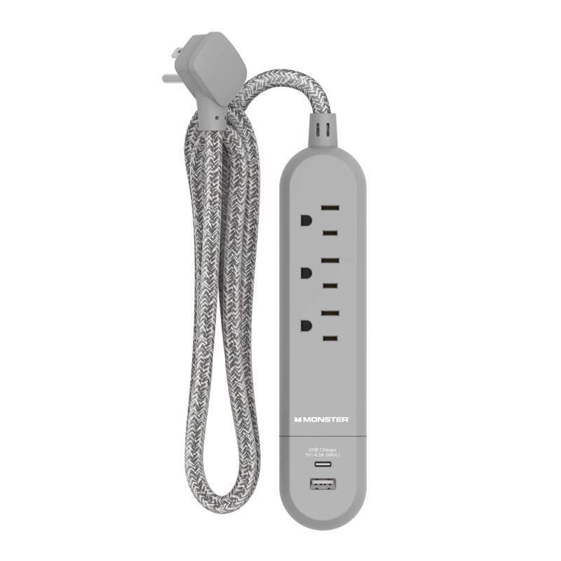 Monster 4 ft. L 3 outlets Power Strip with USB Ports Gray