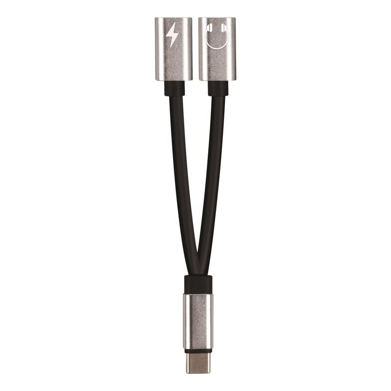 Fabcordz Black/Silver Dual Female Splitter Adapter USB-C Cable For Universal