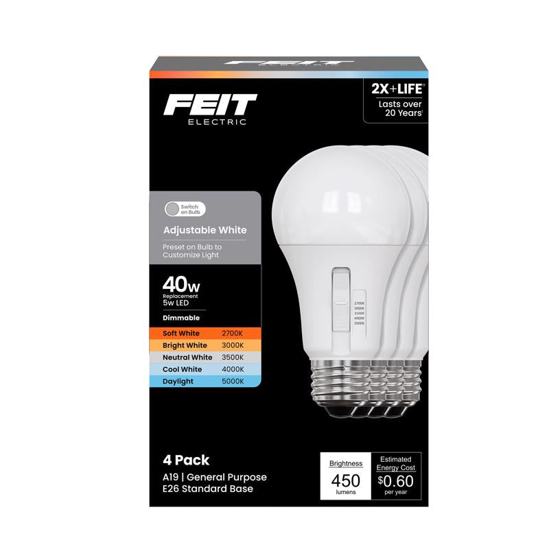 Feit A19 E26 (Medium) LED Bulb Adjustable White 40 Watt Equivalence 4 pk