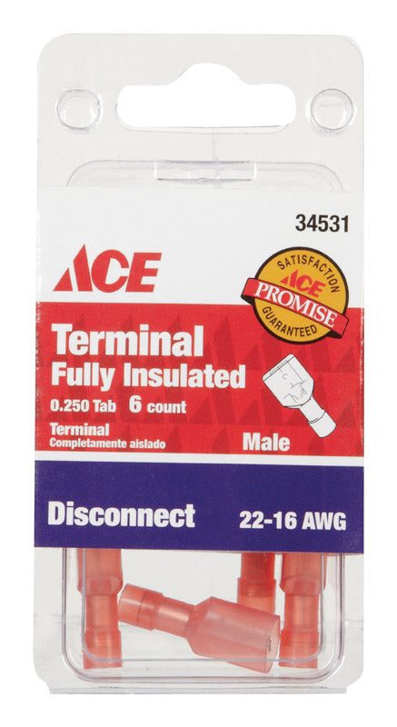 Ace 22-16 AWG Insulated Wire Male Disconnect Red 6 pk