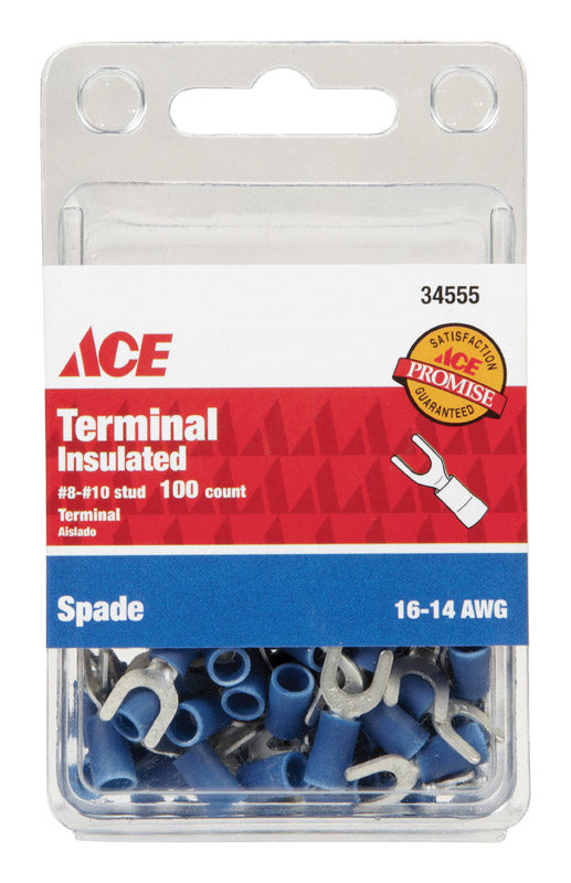 Ace Insulated Wire Spade Terminal Blue 100 pk
