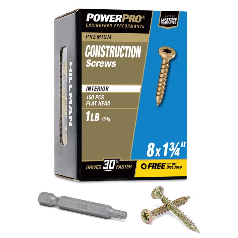 HILLMAN Power Pro No. 8 X 1-3/4 in. L Star Yellow Zinc Coarse Wood Screws 160 pk