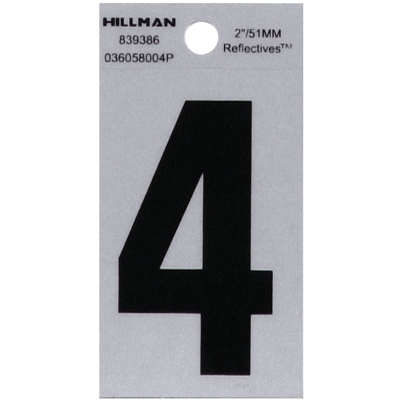 HILLMAN 2 in. Reflective Black Vinyl Self-Adhesive Number 4 1 pc