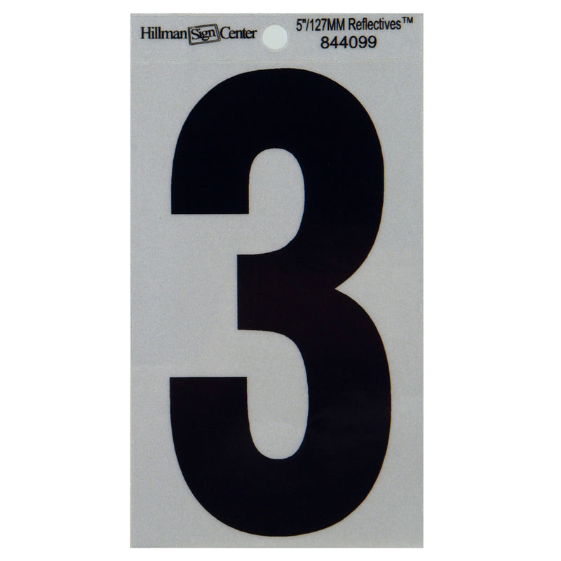 HILLMAN 5 in. Reflective Black Vinyl Self-Adhesive Number 3 1 pc