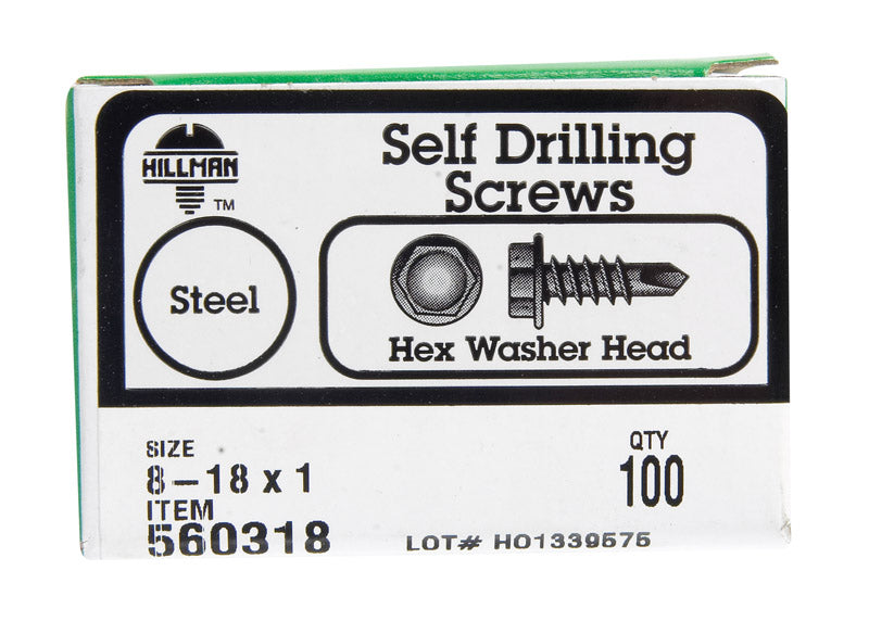 HILLMAN No. 8 Ga. X 1 in. L Hex Hex Washer Head Self-Drilling Screws 100 pk