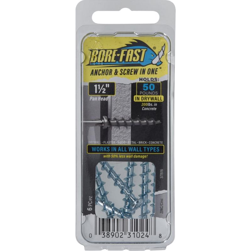 HILLMAN Bore-fast 3/16 in. D X 1-1/2 in. L Steel Pan Head Screw and Anchor 6 pc
