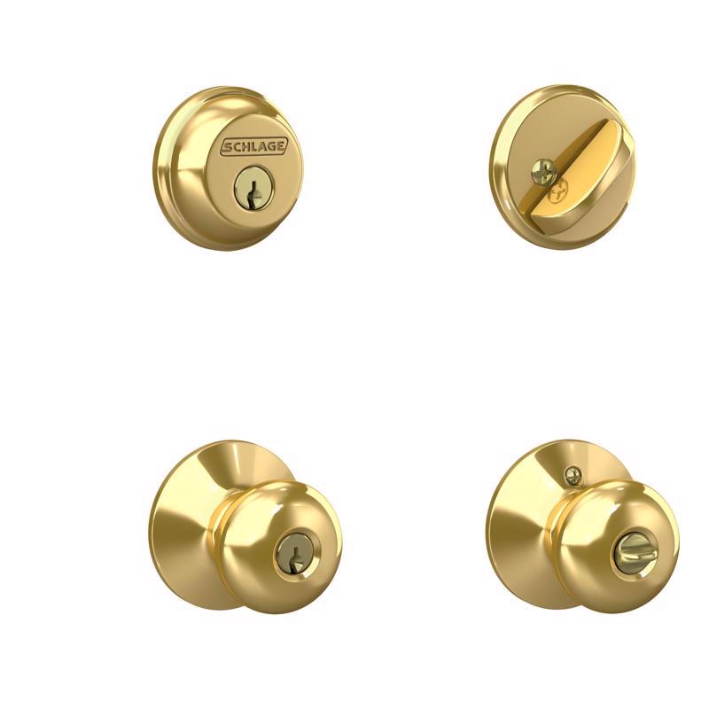Schlage Plymouth Bright Brass Deadbolt and Entry Door Knob 1-3/4 in.