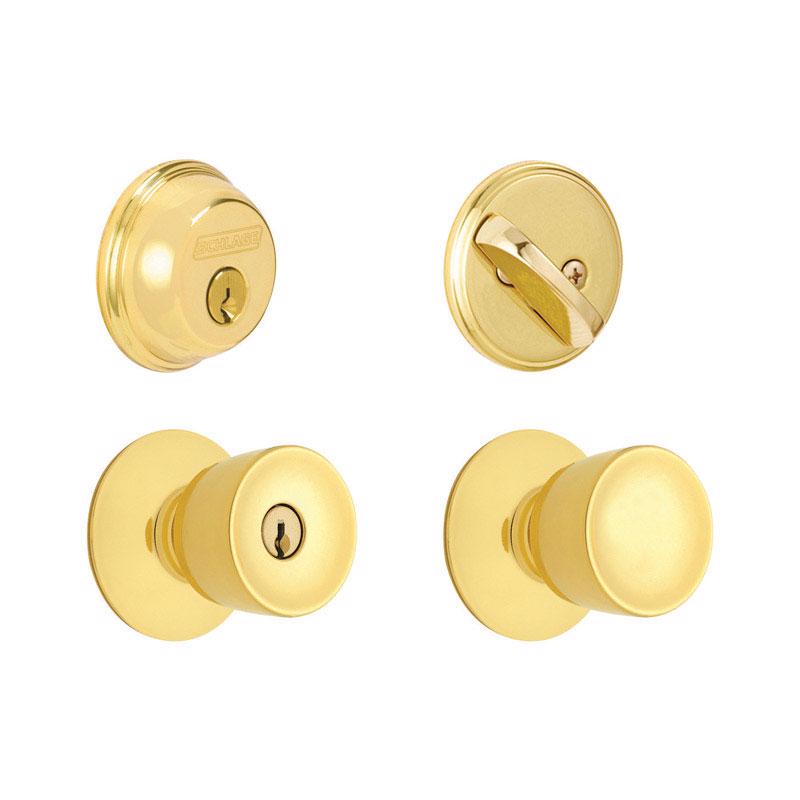 Schlage Bell Bright Brass Deadbolt and Entry Door Knob 1-3/4 in.