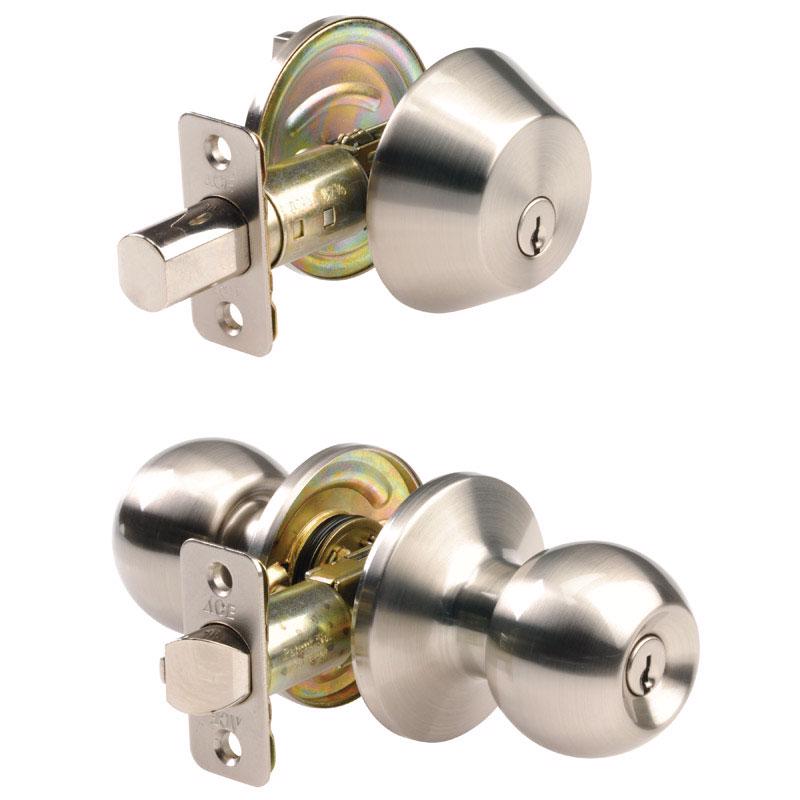 Ace Ball Satin Nickel Deadbolt and Entry Door Knob 1-3/4 in.