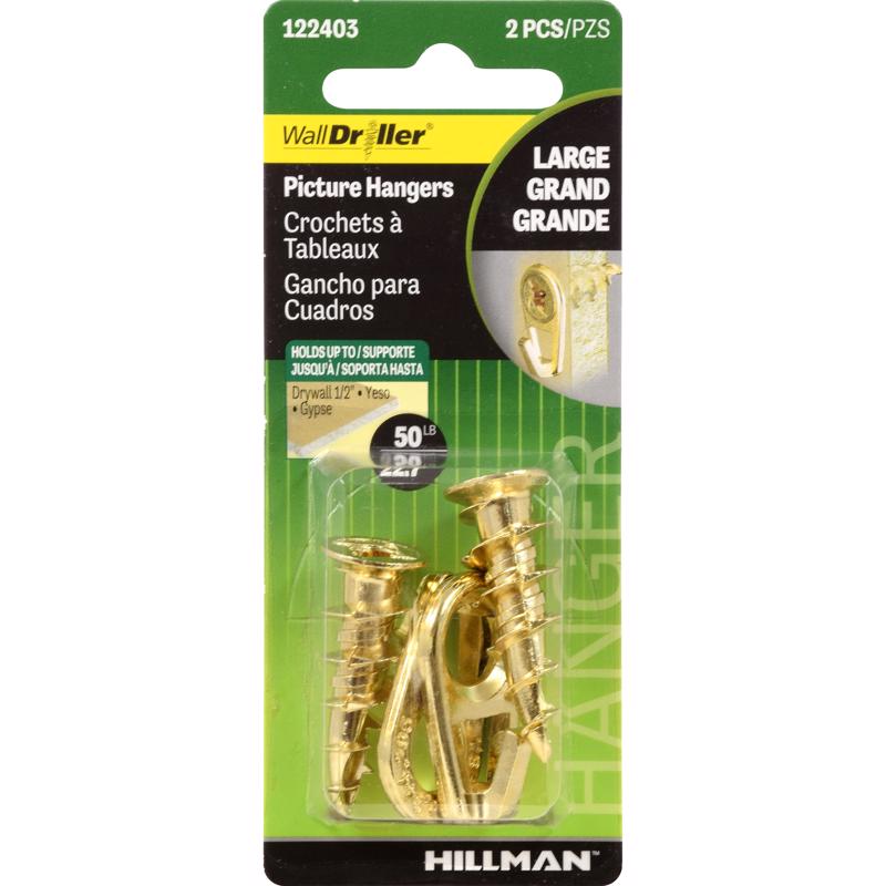 HILLMAN Brass-Plated Gold Drywall Picture Hook 50 lb 2 pk