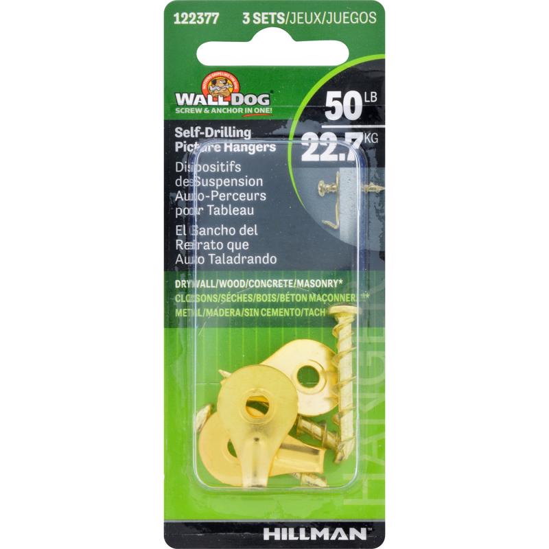 HILLMAN WALL DOG Brass-Plated Gold Self-Drilling Picture Hanger 50 lb 3 pk