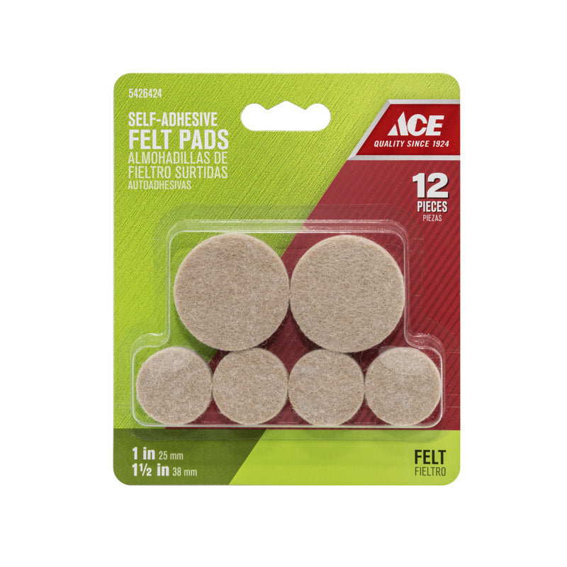 Ace Felt Self Adhesive Protective Pad Brown Round 1 and 1-1/2 in. W 12 pk