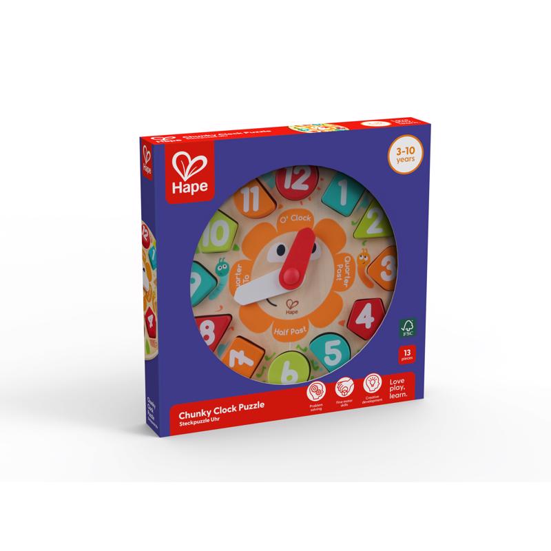 Hape Chunky Clock Puzzle Assorted 13 pc