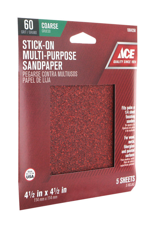 Ace 4.5 in. L X 4.5 in. W 60 Grit Aluminum Oxide Sandpaper 5 pk