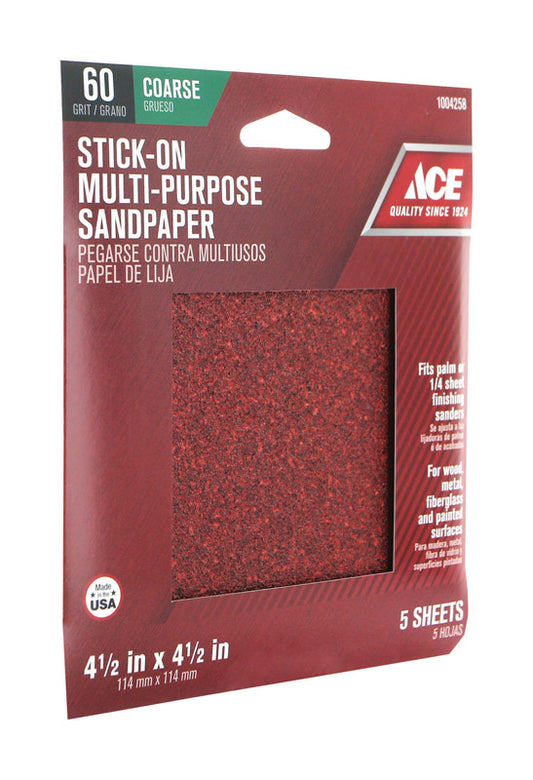 Ace 4.5 in. L X 4.5 in. W 60 Grit Aluminum Oxide Sandpaper 5 pk
