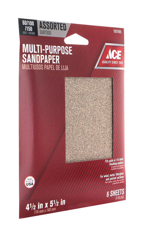 Ace 5.5 in. L X 4.5 in. W Assorted Grit Aluminum Oxide Sanding Sheet 6 pk