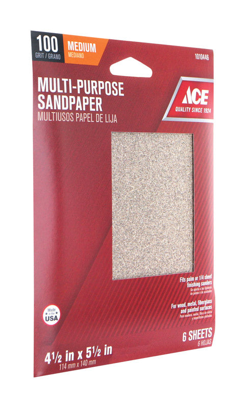 Ace 5-1/2 in. L X 4-1/2 in. W 100 Grit Aluminum Oxide 1/4 Sheet Sandpaper 6 pk