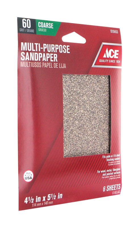 Ace 5-1/2 in. L X 4-1/2 in. W 60 Grit Aluminum Oxide 1/4 Sheet Sandpaper 6 pk
