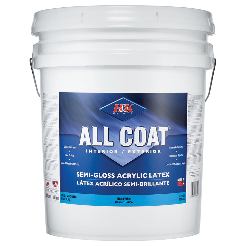 H&K Paints All-Coat Semi-Gloss White Water-Based Paint Exterior and Interior 5 gal