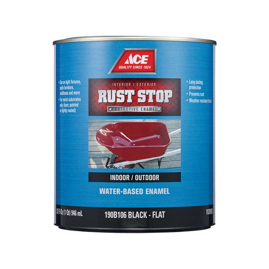 Ace Rust Stop Indoor/Outdoor Flat Black Water-Based Enamel Rust Preventative Paint 1 qt