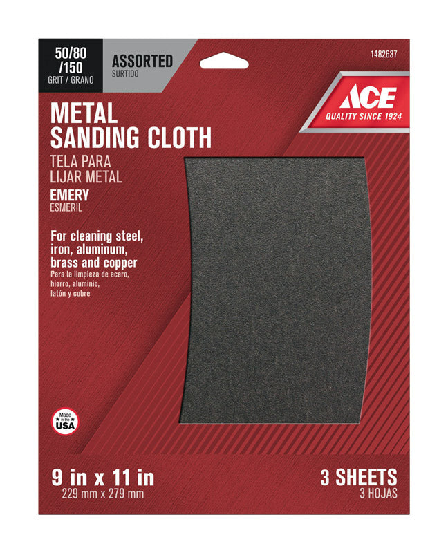 Ace 11 in. L X 9 in. W 50/80/150 Grit Emery Sanding Cloth 3 pk