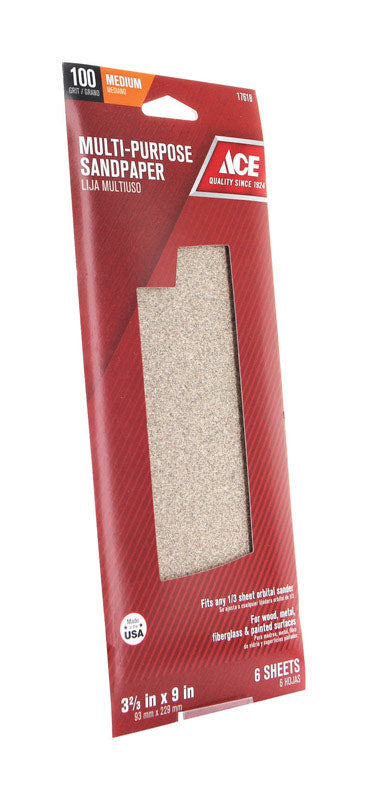 Ace 9 in. L X 3-2/3 in. W 100 Grit Aluminum Oxide Sandpaper 6 pk