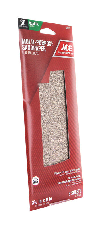 Ace 9 in. L X 3-2/3 in. W 60 Grit Aluminum Oxide Sandpaper 6 pk