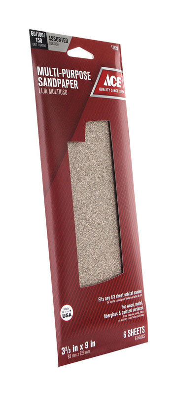 Ace 9 in. L X 3-2/3 in. W Assorted Grit Aluminum Oxide Sandpaper 6 pk