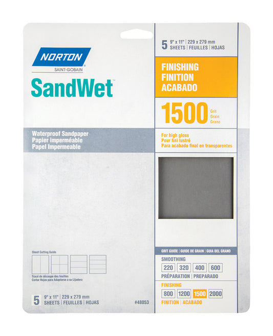 Norton SandWet 11 in. L X 9 in. W 1500 Grit Aluminum Oxide Waterproof Sandpaper 5 pk