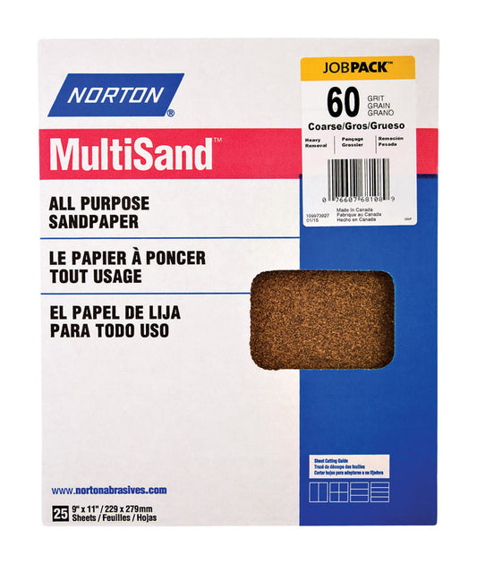 Norton MultiSand 11 in. L X 9 in. W 60 Grit Aluminum Oxide All Purpose Sandpaper 25 pk