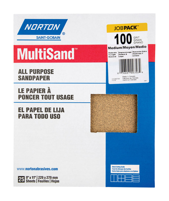 Norton MultiSand 11 in. L X 9 in. W 100 Grit Aluminum Oxide All Purpose Sandpaper 25 pk