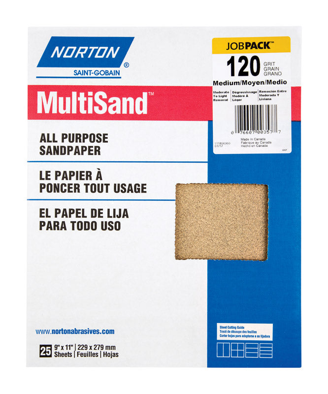 Norton MultiSand 11 in. L X 9 in. W 120 Grit Aluminum Oxide All Purpose Sandpaper 25 pk