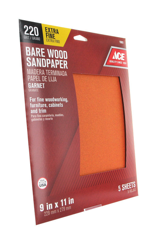 Ace 11 in. L X 9 in. W 220 Grit Aluminum Oxide Sandpaper 5 pk