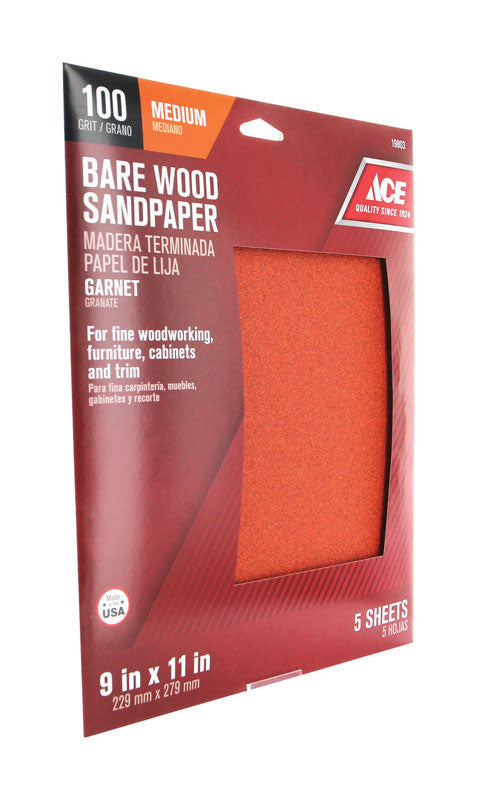 Ace 11 in. L X 9 in. W 100 Grit Garnet Sandpaper 5 pk