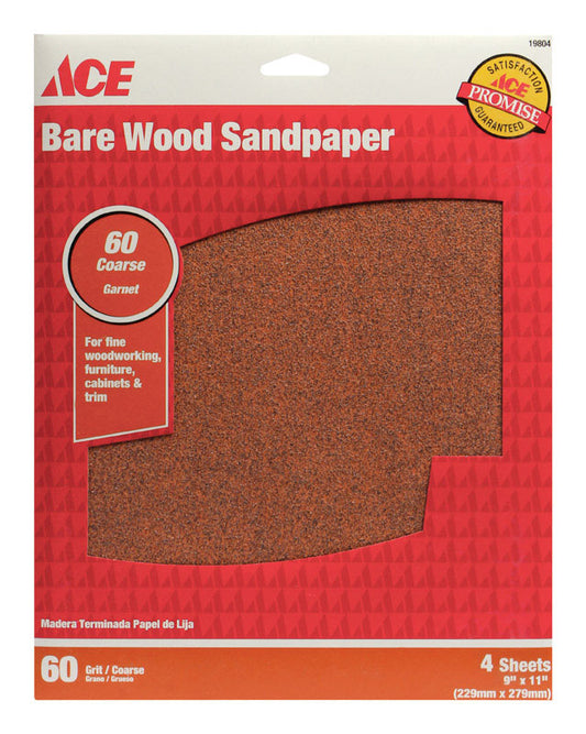 Ace 11 in. L X 9 in. W 60 Grit Aluminum Oxide Sandpaper 4 pk