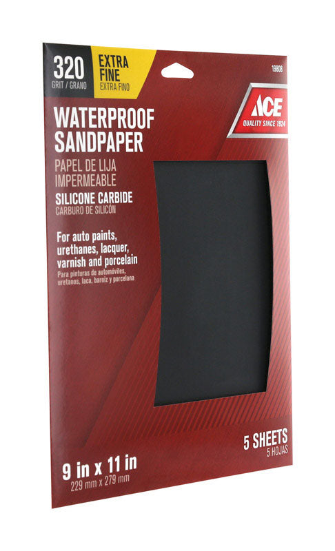 Ace 11 in. L X 9 in. W 320 Grit Silicon Carbide Waterproof Sandpaper 5 pk