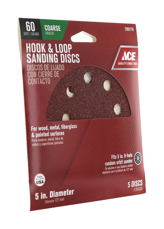 Ace 5 in. Aluminum Oxide Hook and Loop Sanding Disc 60 Grit Coarse 5 pk