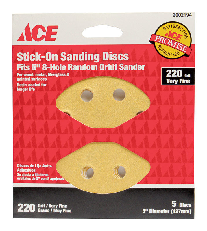 Ace 5 in. Aluminum Oxide Adhesive Sanding Disc 220 Grit Very Fine 5 pk