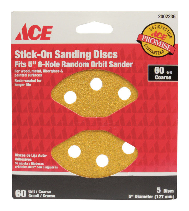 Ace 5 in. Aluminum Oxide Adhesive Sanding Disc 60 Grit Coarse 5 pk