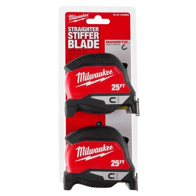Milwaukee 25 ft. L X 1 in. W Compact Wide Blade Magnetic Tape Measure 2 pk