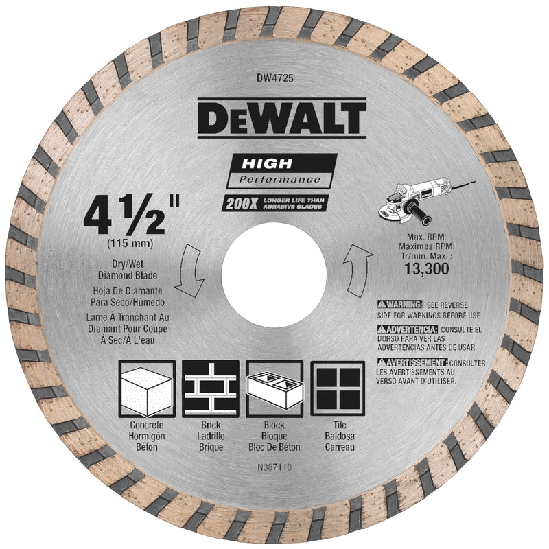 DeWalt High Performance 4-1/2 in. D X 7/8 in. Diamond Turbo Masonry Cut-Off Blade 1 pc