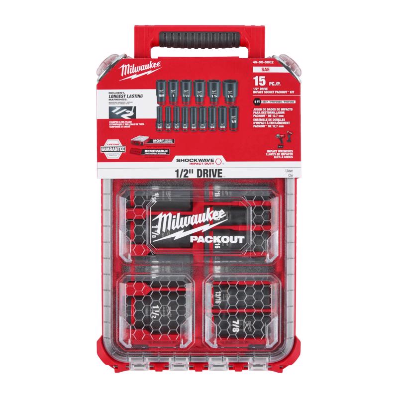 Milwaukee Shockwave 1/2 in. drive SAE 6 Point Deep Impact Socket Set 15 pc