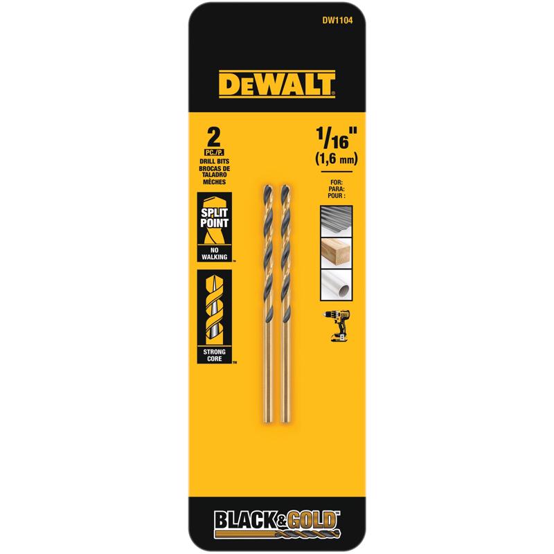 DeWalt Black & Gold 1/16 in. X 1.88 in. L High Speed Steel Drill Bit Straight Shank 2 pc