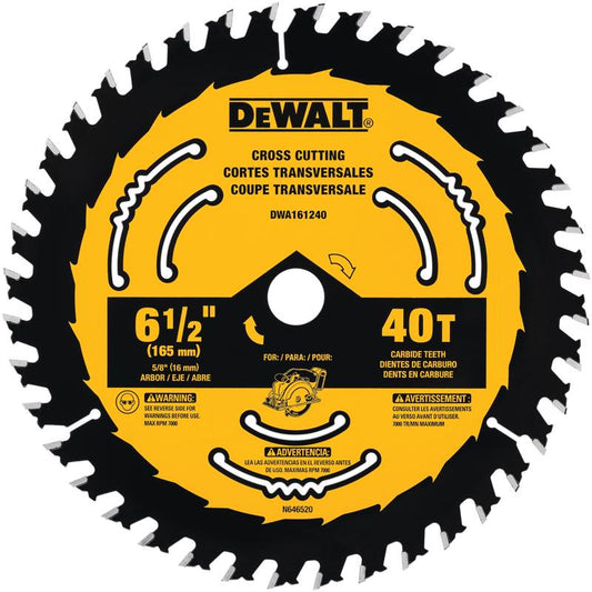 DeWalt 6-1/2 in. D X 5/8 in. Tungsten Carbide Tipped Circular Saw Blade 40 teeth 1 blade